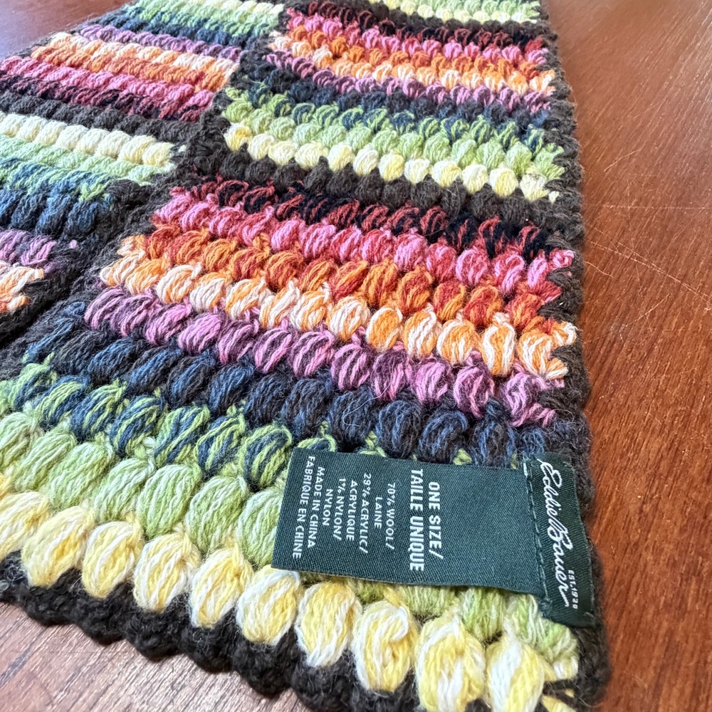 Eddie Bauer Multi Color Striped Wool Blend Bobble Knit Scarf 48" Artsy Boho